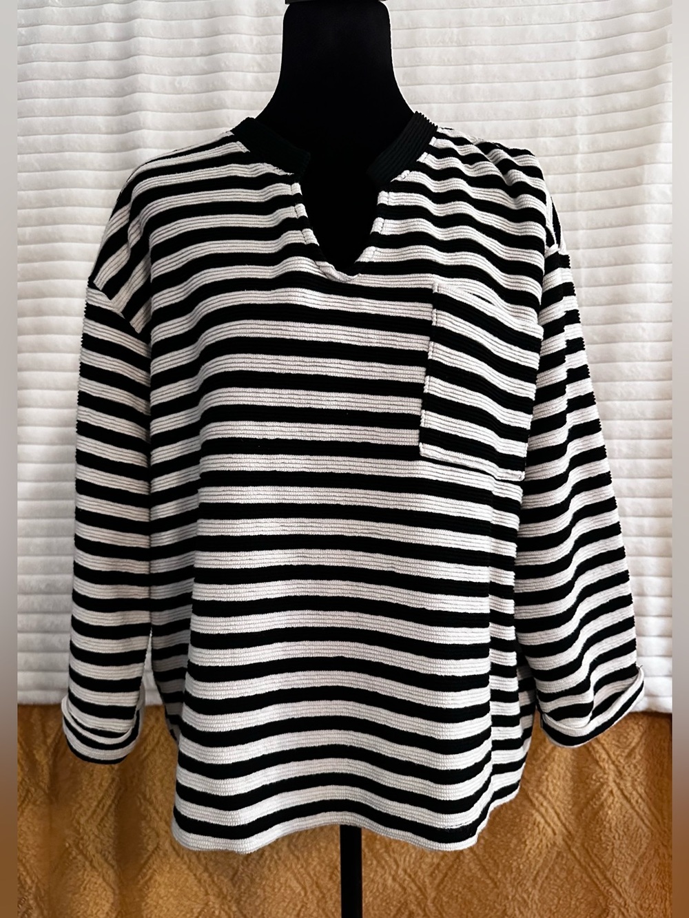 Cato Black and White Striped Long Sleeve Knit Shirt with Pocket